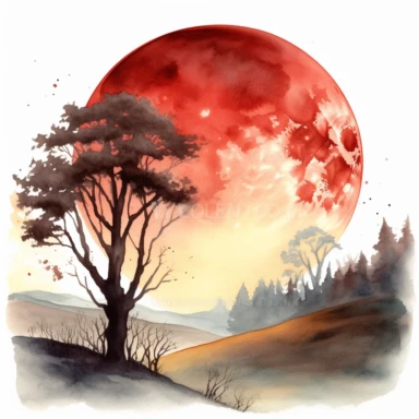 clipart style, watercolor scene of A captivating image showcasing the Lunar Eclipse in its final stages, with the moon emerging from Earth's shadow. The gradual illumination of the moon creates a sense of anticipation and wonder, while silhouettes of rolling hills or a serene lakeside add a touch of serenity to the scene, HD, on white background