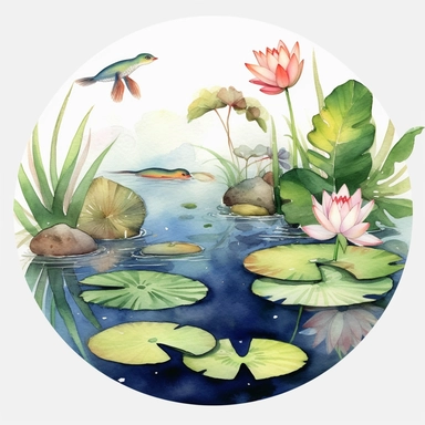 Watercolor Lily Pond Clipart, lily pad and frog pond, CLIPART, fish and birds
