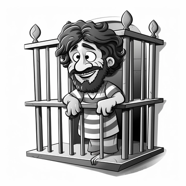 cute black and white clipart of paul in the bible in prison in rome, suitable for a childrens book