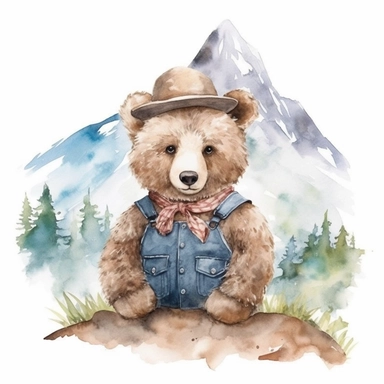 Drawing, Illustration, Watercolor Print, Portrait, Teddy Bear, and Mountain Behind Him, Wall Art Clipart, Print Art, Watercolor Painting, Watercolor, Appaloosa Teddy Bear, Art, Udal Art, for Commercial Use