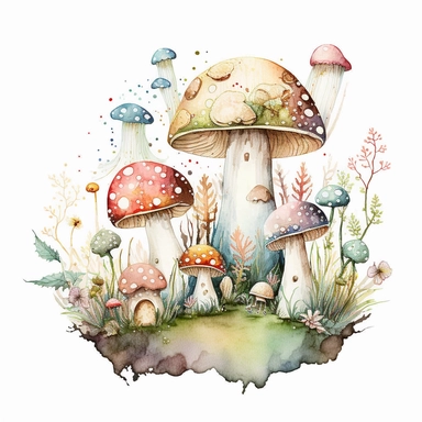 no text, fairy tale, mushrooms and toadstools patch, Watercolour, Mystical Mushrooms, clipart, white background image only