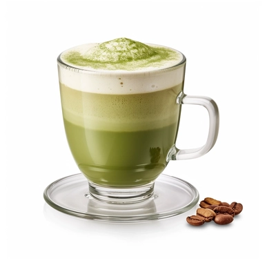 Side view of hot macha with latte art in a glass cup and saucer isolated on white background with clipping path inside