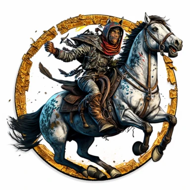 human raider horse rider, Dungeons & Dragons Pathfinder Mad Max, handpainted enamel, clipart illustration, circle white background, circular raider border