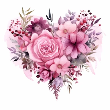Delicate watercolor illustration of a pink flower bouquet, captured from a side angle, presented within a heart-shaped frame, evoking feelings of love, romance, and the tender beauty of heartfelt gestures, clipart on a clean white background.