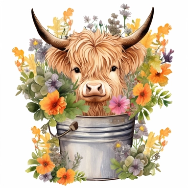 baby highland cow in a small rustic tub covered in flowers and grass with wildflowers all over the place clipart add a ton of flowers clipart watercolor make it cute