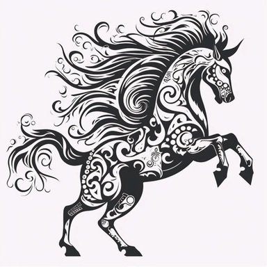 entire body dancing fire horse dragon. grinning. screaming. 4 legs. thrashing tail. profile view. black only, flat image, no shadows, no depth. black and white only. tribal animal clipart, laser cut design, white background, black cutout design