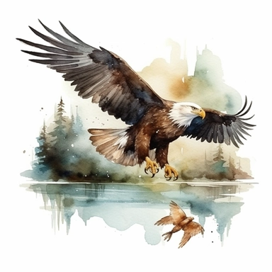 Eagle Flying with holding Fish over a lake , watercolor Clipart,Isolated