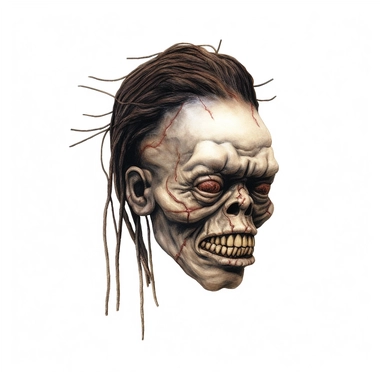 a voodoo shrunken head with mouth sewn shut, calm expression, dark shrivelled skin, pastel, photorealistic, hyper realistic, ultra high-detail, dark outlines, white background, clipart,
