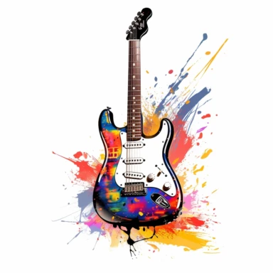 Against a white background, a clip art image showcases a highly detailed depiction of an electric guitar, adorned with vibrant and colorful elements. The guitar takes center stage, with its sleek body and strings meticulously rendered to capture its essence. The body of the guitar features a burst of vivid colors, blending seamlessly from one shade to another, exuding an electric energy. Music notes and symbols, portrayed in a variety of shapes and sizes, dance and swirl around the guitar, repre