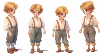 Watercolor , illustrations clipart, character sheet ,cute little boy  Hansel EDIM ( hansel character from the hansel and gratel fairy tale) in poor clothing, various emotions--seed 900