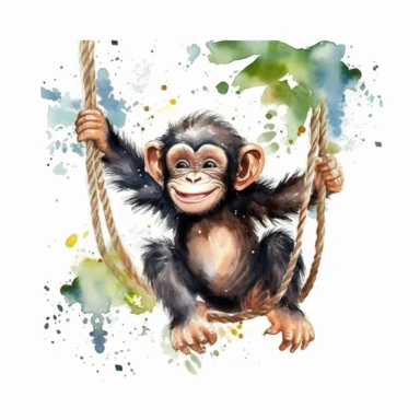 cute chimpanzee, swinging through the jungle with playful enthusiasm, rich watercolor, clipart, on a white background