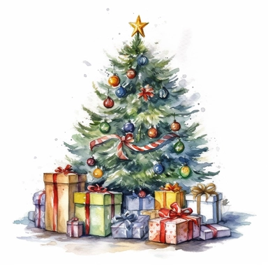 watercolor style, christmas tree with presents clipart, isolated on white background, 4K