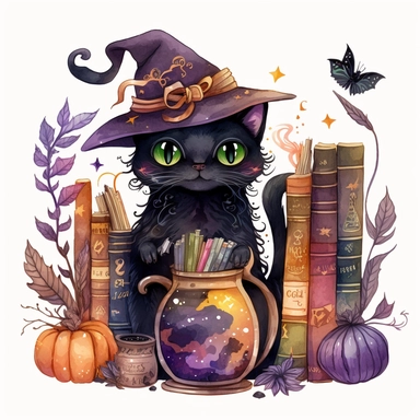 Watercolour cute black witches cat, wearing a witch hat, clipart. The cat is sitting on a bookshelf, surrounded by books and potions. Its fur is a mix of black and orange shades, and its eyes are looking directly at the viewer. The witch hat has a purple ribbon, and the cat is holding a feather quill in its paw. The bookshelf is in a dark, candlelit room, with cobwebs and a cauldron in the corner. The books have titles like The Art of Witchcraft and Magical Potions and Spells. The potions on the