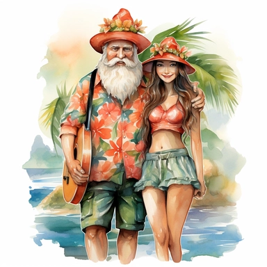gnomes couple (man and woman) in Hawaii beach outfit, vibrant color, clipart, watercolor illustration, white background