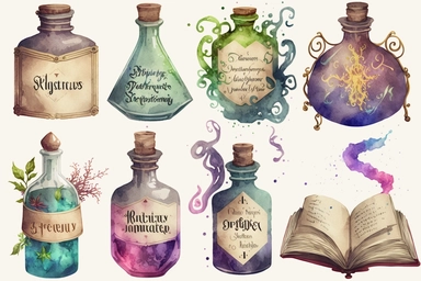 isolated watercolor clipart images of wizards spellbooks and potions on white background, vibrant hue spellbooks with aged parchment pages, bejeweled covers, intricate rune inscriptions, potions in mismatched glass bottles glowing with mysterious luminescence, a variety of concoctions ranging from swirling nebulas to sparkling glitter-filled liquids, white background like untouched canvas offering stark contrast, neutral setting bereft of any distraction, amplifies the vivid colors and fascinati