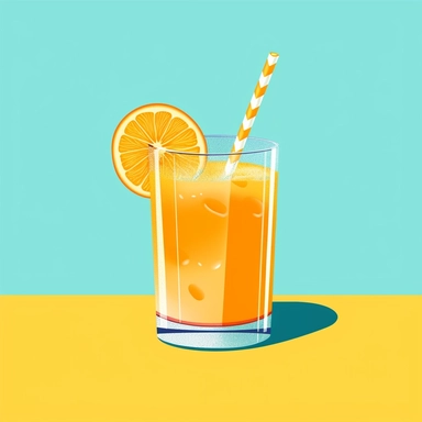 Create a playful clipart image of a glass of orange juice with a straw in it, sitting on a table with a slice of orange beside it. Use bright shades of orange and yellow to make the juice pop, and add a subtle gradient to the background to create depth. Make the overall vibe of the artwork fun and light-hearted, perfect for use in a summer-themed project or for advertising a new juice bar.