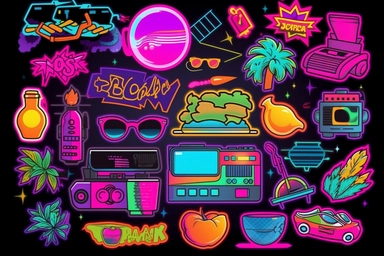 Retro 80s 90s clipart set. Neon colors y2k fashion patch, badge, emblem, stickers.