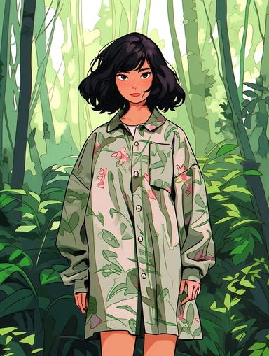 cute summer girl full body drawing, illustration clipart, detailed, black outline, digital art, watercolor, in forest,