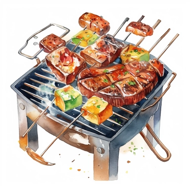 Watercolor BBQ Clipart - Barbeque grill kebab clipart , Watercolor Clipart , original hand drawing, style of the artwork, mood of the artwork, white background, 8K quality, ultra detailed , clipart, white background, High Quality, ultra detailed