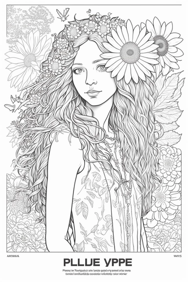 Hippie Girl Full body Clipart Flower Power, vector, illustration, cartoon, marvelous, black and white line art adult coloring page, highly detailed, white background