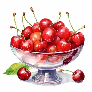 Watercolor a bowl of farm fresh cherry in a glass dish Clipart ,high quality, highly detailed, watercolor , hand-drawn animation , romantic, vibrant color, bright colors, romantic, , watercolor,