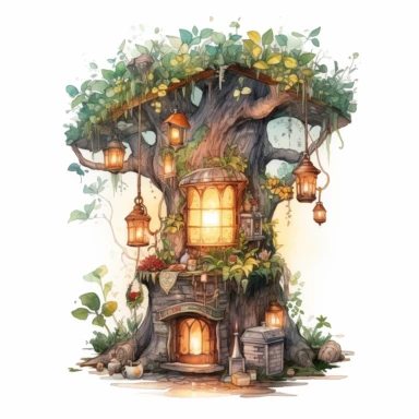 high level watercolor, hyper realistic, white background with margins, 8k, ultra detailed clipart, A cozy hollowed-out tree trunk converted into a whimsical tea room, lit by the warm glow of lanterns and adorned with forest flowers and vines, fairy, cool, lime color