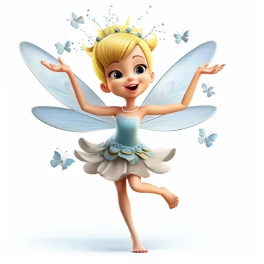clipart showcasing cute illustration of whimsical fairy with just two legs & perfect hands with five fingers, unreal engine, nice shoes, delicate wings, magical wands, joyful jumping pose with a white background in a magical and enchanting style, lovely, whimsical, 3D vector art, cute and quirky, fantasy art, Adobe Illustrator, hand-drawn, digital painting, character-focused, 4K resolution, photorealistic rendering, character-focused and chess pieces, using Cinema 4D, aquarelle painting, romanti