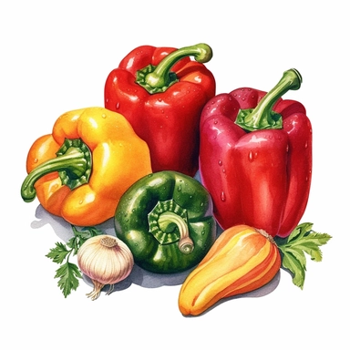 en enchanting watercolor, hyper - realistic clipart image with a white background and white margins, featuring stuffed bell peppers with quinoa, vegetables, and lean ground turkey. The ultra - detailed, hand - drawn elements capture the textures and colors of the peppers and stuffing. Use a whimsical touch to add a playful charm, and bold shades of various colors to create an appealing and visually captivating image
