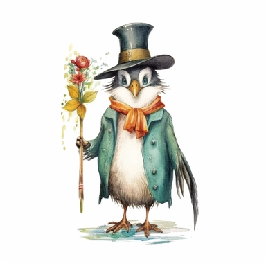 a Cute Happy Penguin in the style of Watercolor Kate Greenaway Clipart, White Background
