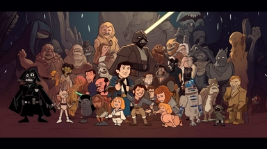 A group of Star Wars characters in a cartoon style, including Darth Vader, Luke Skywalker, Princess Leia, Han Solo, and Chewbacca, all gathered together, each character showing different expressions and gestures, with the iconic Star Wars logo in the background, Clipart, digital illustration,