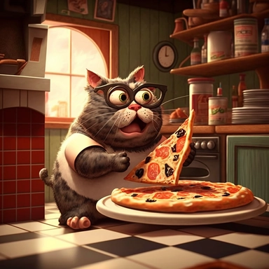clipart,a cat eating pizza in a 1950s kitchen, cartoon, Pixar, 3d, dwarf, exaggerated facial features, caricature, cinematic, 4k