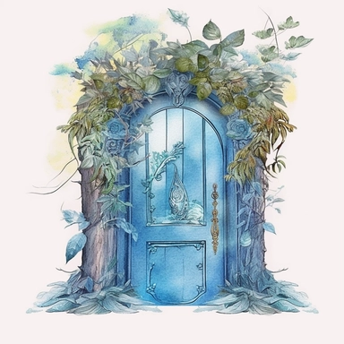 Watercolour beautiful azure blue realistic forest fairy door with realistic perfectly detailed forest leaves beautiful realistic details perfect forest fairy door magnificent details beautiful compelling realistic PNG image,ultra highly detailed, 18k, sharp focus, bright photo with pastel colours digitally enhanced, enhanced graphics, straight, sharp focus, bright lighting, intricate detailed png image ,high definition,300dpi,graphic clipart,computer graphics