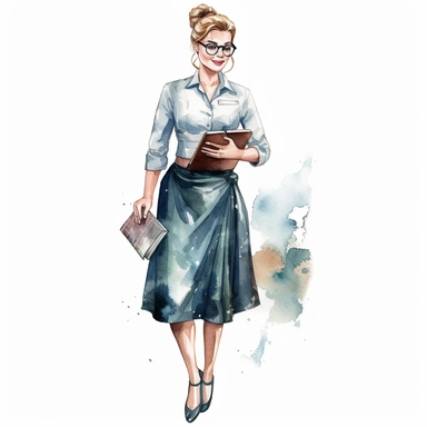watercolour clipart of a beautiful woman class teacher, full length, high quality, very high details , white background