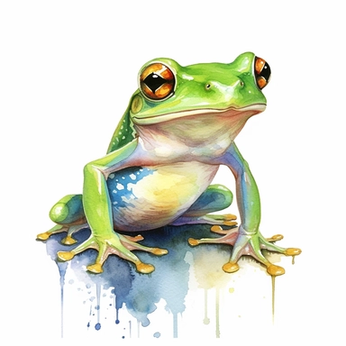 beautiful green frog at night, watercolour, clip art , white background