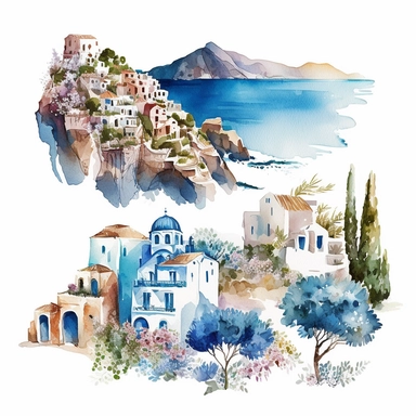 beautiful watercolor clipart of a Mediterranean scene with white village houses and the seascape, summer blue and white, compositions on an isolated white background. Bright landscapes illustrations, highly detailed
