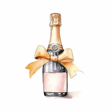 fancy wedding champagne bottle watercolor clipart, white background, single image