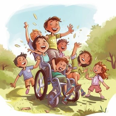 clipart, boy in wheelchair, showing a group of kids laughing and smiling as they help push their friend's wheelchair up a hill in a park - the boy in the wheelchair is white