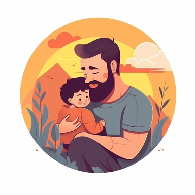 Create a heartfelt Father's Day clipart showcasing a dad hugging his child. The scene should depict a warm, loving moment where they are both smiling, symbolizing their strong bond. The dad can be kneeling or sitting to be at the child's height. Try to incorporate soft, soothing colors to emphasize the loving nature of the scene. Additionally, include a decorative banner at the bottom of the clipart with the phrase 'Dad's Hug, Best Hug'. Please ensure the illustration is clear and high-resolutio