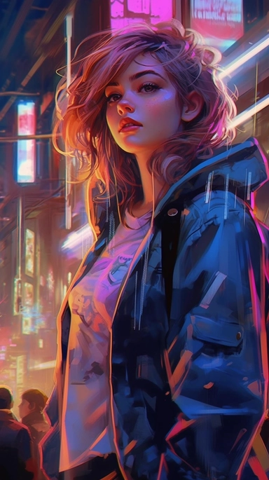 beautiful stunning pretty vintage cyberpunk anime girl, paint art style, clipart, city landscape background, superrealistic, one of a kind