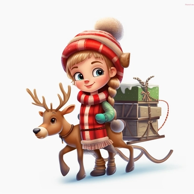 <https://s.mj.run/ZzVdueblrq8> cute christmas winter reindeer elf girl wearing winter coat woolly hat and scarf and boots pulling a sleigh full of Christmas gifts isolated on a white solid background Clipart