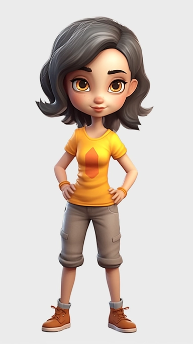 Front view of animated girl standing wearing t-shirt character design, full body, face drawing in top quality, high quality face drawing, clipart, full illustration, 4k, sharp focus, skin. Soft, symmetrical, detailed face, concept art, fairy tale style, C