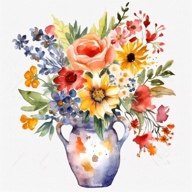 a clipart of watercolor vase of flowers, in the style of A variety of vibrant colors, flat yet expressive, pastoral charm, naturecore, embroidery, white background, png, vector