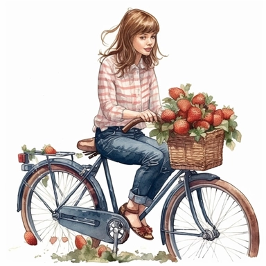 create a one of a kind high quality highly detailed saturated beautiful WATERCOLOR CLIPART ILLUSTRATION of a girl on a bicycle, carrying many STRAWBERRIES in the style of fashion illustrations, nikon d850, aurorapunk, oshare kei, nostalgic scenes, azure, detailed shading, WHITE BACKGROUND, NO TEXT, NO FONT, NO WORDS