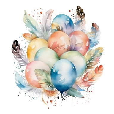 cute watercolor newborn boho big ballons and feathers, isolated white background, babyshower clipart, 8k, soft multicolor boho colors
