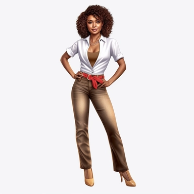 Full body, African American woman, streetwear, highly detailed, very attractive, glamorous, make up beautiful, gorgeous, glowing, happy, smiling, business woman, isolated white background, clipart, 8k, anatomically correct