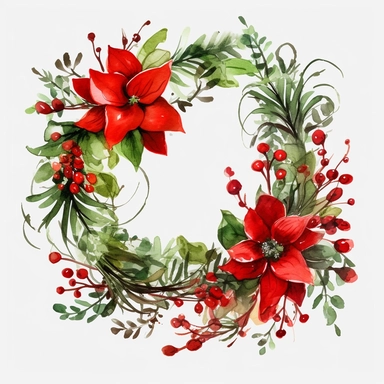 A green Christmas wreath with red flowers and bells, oil painting, lateral view, clipart, transparent background, clear background, green leaves, high resolution, watercolor, vector, 12k, 300 dpi, 12: 12 ratio