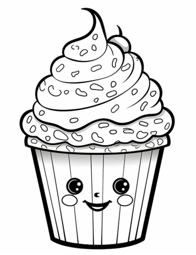 Kawaii Cake Icecream with delightful designs and flavors, like blueberry, chocolate chip, and banana For Simple Coloring page,line art, thick lines, black and white,clipart, illustration, on white background,margin Page 10px