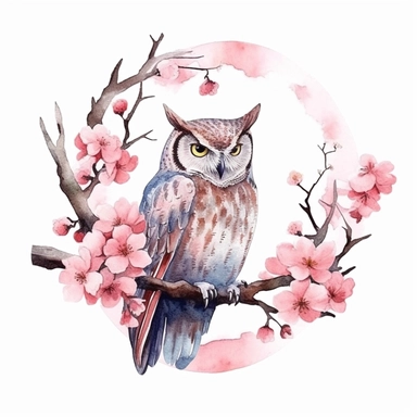 Design a whimsical, watercolor-style clipart featuring a Great Horned Owl sitting contentedly on a branch laden with cherry blossoms. The owl should be gazing at a firefly, with the glow from the firefly reflecting in its eyes. Utilize watercolor's natural fluidity to evoke the tranquillity and softness of a spring evening