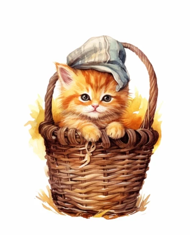 detailed watercolor Kitten in basket with cap , realistic, isolated on a white background, clipart