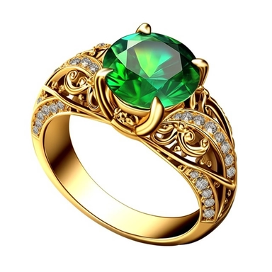 jewellery gold engagement ring with green stone and diamonds digital clipart on white background